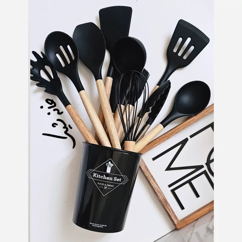 ست کفگیر و ملاقه سیلیکونی  12 پارچه دسته چوبی