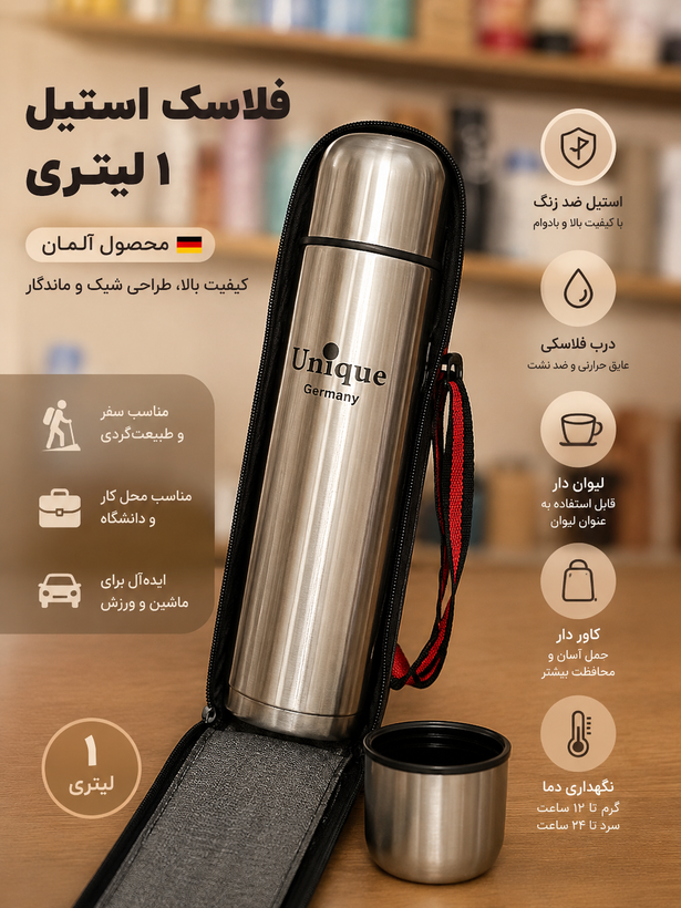 فلاسک یونیک استیل ۱ لیتری کیف دار